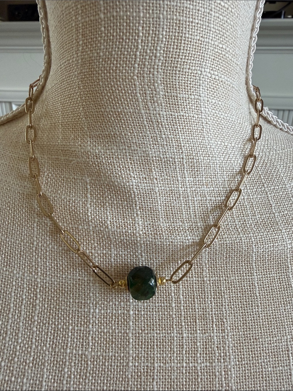 14ā Gold Chain Necklace with Dark Green Faceted Stone- Chocker length.